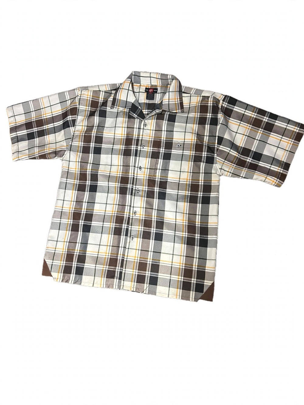 Men's Short Sleeve Plaid Button-Up Shirt - Brown & White